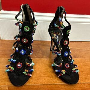 Sam Edelman Strappy Beaded High Heel Black Sandals size 6.5‎